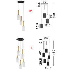 LUCES OROYA LE44336/7 gold hanging lamp in 2 sizes, glass/metal