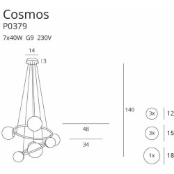 Maxlight Cosmos P0379 gold hanging lamp with 7 shades made of tinted glass