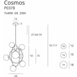 Maxlight Cosmos P0378 lampa wisząca, 7 kloszy, złoty, nowoczesny styl